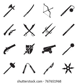 Old Weapons Icons. Black Flat Design. Vector Illustration. 
