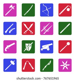 Old Weapons Icons. White Flat Design In Square. Vector Illustration. 