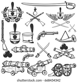 Old weapons, muskets, sabers, cannons, cores, hussar headgear. Design elements for logo, label, emblem, sign. Vector illustration