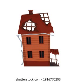 Old weathered house or dwelling. Abandoned home in bad condition. Bad old trouble building with damaged roof, shabby walls and exterior. Isolated neglected property
