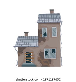 Old weathered house or dwelling. Abandoned home in bad condition. Bad old trouble building with damaged roof, shabby walls and exterior. Isolated neglected property