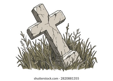 Old weathered stone cross headstone in a cemetery with tall grass, symbolizing death and remembrance.