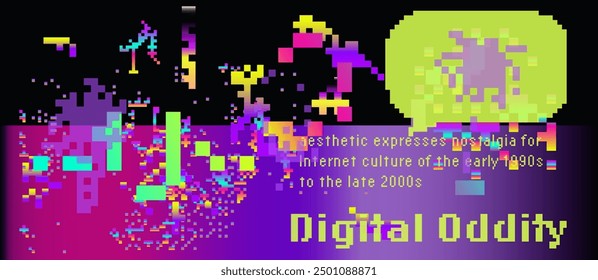 Old web style collage with different random bright geometric pixelated elements. Digital Oddity internet aesthetic.