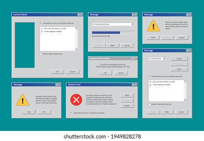 Old web ui. Retro windows user interface alert boxes pop up tabs explorer window garish vector templates collection