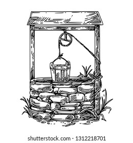 Old well with wooden bucket. Sketch. Engraving style. Vector illustration.