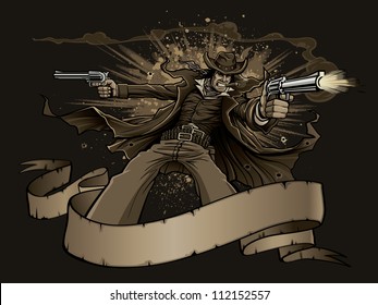 Old West Gunslinger Vector Illustration Of An Old West Cowboy Gunslinger Smoking A Cigar During A Gun Fight. Gunman Shoots Two Revolvers Behind A Blank Banner As Explosions Go Off In The Background.