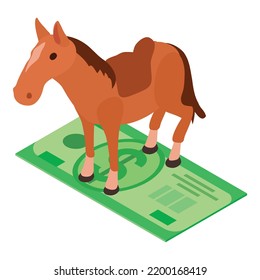 Old West Icon Isometric Vector. Cowboy Horse With Saddle And Dollar Bill Icon. Wild West Symbol, Western