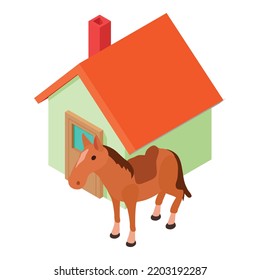 Old West Icon Isometric Vector. Cowboy Horse With Saddle Near The Building Icon. Wild West Symbol, Western