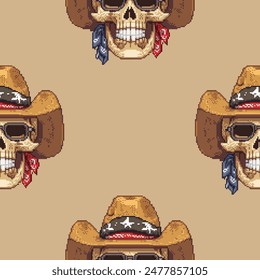 Old west skulls in cowboy hats seamless pattern on light beige