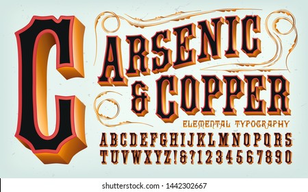 An old west style copper clad font with red and black. Good for frontier town signage, circus carnival graphics, or classic steampunk styling.