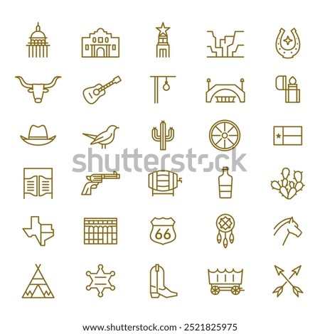 Old West Texas Outline Icons. Vector Set of Lone Star State Symbols