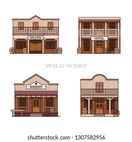 Old west town buildings (saloon, sheriff office, hotel, store) set for your projects. Colorful flat style illustration. Wild west themed vector isolated on white background.