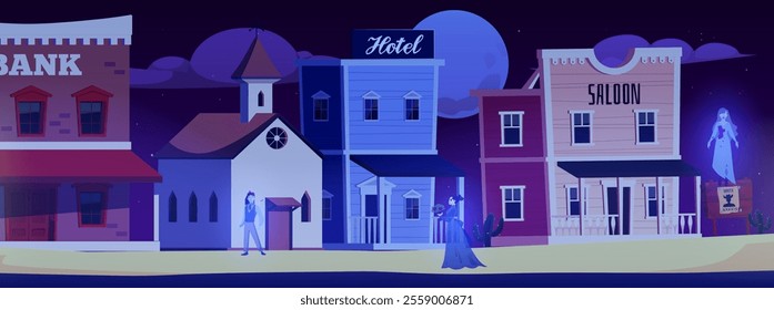 Old western ghost town. Wild West. Night landscape. Spirits fly among the buildings. Bank, church, hotel, saloon. Desert, cactus, wooden sign with wanted poster. Cartoon style. Vector illustration.