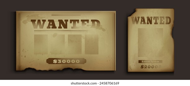 Old western poster with wanted sign, reward and empty frame. Realistic vector illustration set of vintage brown grunge paper templates. Ancient torn parchment for to search for wild west bandit.
