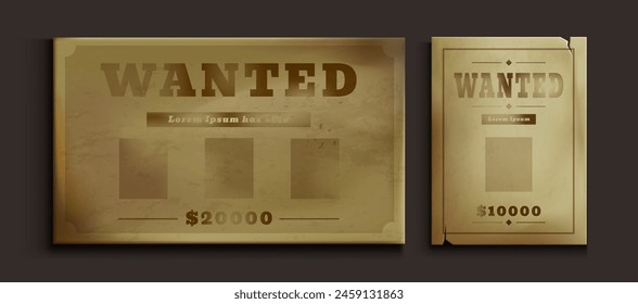 Old western poster with wanted sign, reward and empty frame. Realistic vector illustration set of vintage brown grunge paper templates. Ancient torn parchment for to search for wild west bandit.