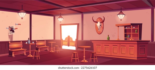 Old western saloon, cowboy bar in wild west. Vintage tavern interior with wooden bar counter, shelf with bottles, tables, chairs, doors and wanted poster on wall, vector cartoon illustration