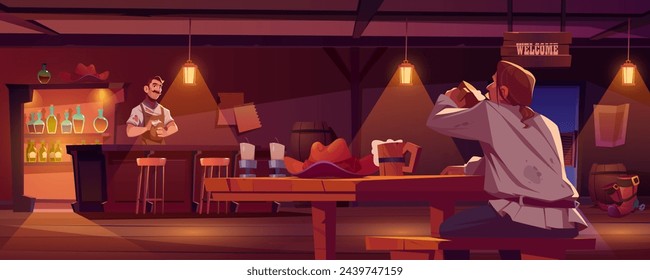 Viejo interior del salón occidental y hombre en la mesa de madera. Ilustración del juego de la taberna del campo y el barman de la bienvenida en el oeste salvaje. Lámpara vintage de carácter ligero y agradable con cerveza en el escritorio en ilustración de pub.