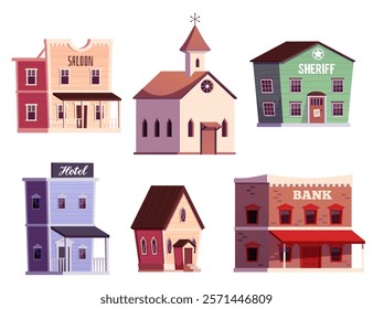 Old western town. Collection of houses in the wild west. Saloon, hotel, sheriff, bank and church. Cute wooden buildings with a canopy. Cartoon style. Vector illustration isolated on white background.