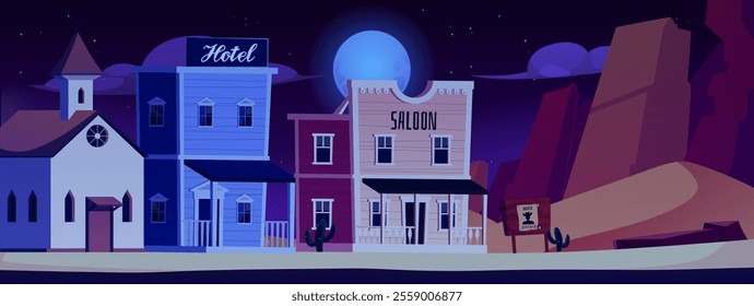 Old western town. Night landscape. Wild West. Street with a church, hotel and saloon. Wooden sign with wanted poster. Desert, cactus, mountains, starry sky. Cartoon style. Vector illustration.