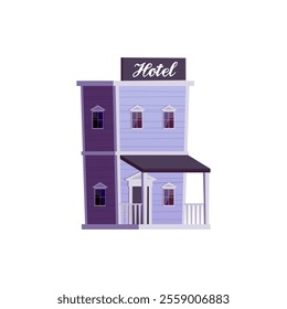 Old western town. Two-story blue wooden building with a canopy, a Hotel sign. Traditional wild west architecture. Place to rest, spend the night. Cartoon style. Vector illustration on white background