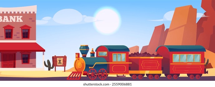 Old western town vector flat illustration. Bank building and vintage train, locomotive from wild west. Western landscape with desert, sandy mountains and road, wanted board