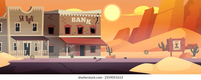 Old western town vector flat illustration. Abandoned and destroyed Bank and saloon buildings from wild west. Western landscape with desert, sandy mountains and damage road