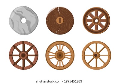 Ruedas viejas, Anillo de Piedra Primitivo, Ruedas de Transporte Antiguas para Carro de Madera o Carro de Carro. Invención de la historia, evolución, progreso aislado en fondo blanco. Ilustración del vector de dibujos animados, conjunto de iconos