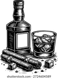 Old Whiskey and Cigar Lounge - Vidro Bourbon envelhecido com gelo - Cena de fumo e espíritos vintage - Hora de relaxamento de cavalheiro
