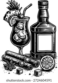 Old Whiskey and Cigar Lounge - Vidro Bourbon envelhecido com gelo - Cena de fumo e espíritos vintage - Hora de relaxamento de cavalheiro