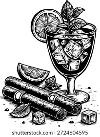 Old Whiskey and Cigar Lounge - Vidro Bourbon envelhecido com gelo - Cena de fumo e espíritos vintage - Hora de relaxamento de cavalheiro