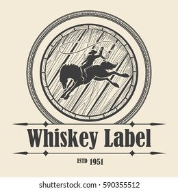 Old Whiskey label with Barrel and Rodeo cowboy riding wild horse. Vector illustration.