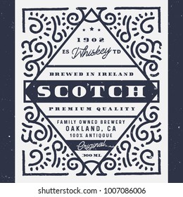 Old whiskey label, scotch label. Vintage design of alcohol label, logo design for banners, labels, sticker. Perfect for whiskey, beer, wine and other drinks.