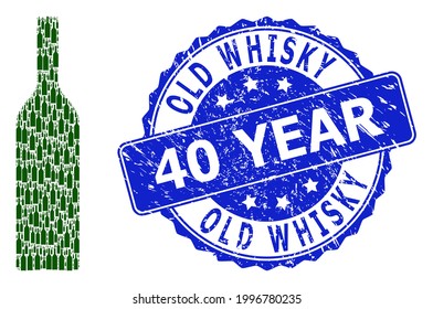 Old Whisky 40 Year textured round stamp seal and vector recursive mosaic wine bottle. Blue stamp has Old Whisky 40 Year title inside round shape. Vector collage is done of recursive wine bottle items.