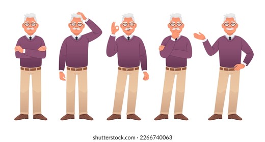 An old white man with glasses, a lilac sweater and beige trousers is standing in different poses. An elderly man in full-length character set. Grandpa is standing with his arms crossed