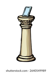 Old white online AI touch screen site temple idol cult inform plinth base view. Outline black ink pen hand drawn fame bank new market finance glory desktop logo emblem concept retro doodle art style
