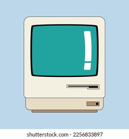 old white retro Machintos computer and green screen display in outline illutration vector with blue background for school, work, or commercial purpose