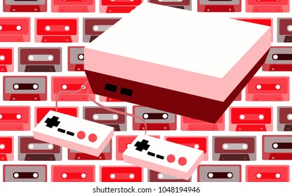 Old white retro vintage antique hipster game console for video games and two joysticks from the 80's, 90's on a background of multi-colored audio cassettes rays. Vector illustration