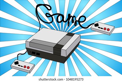 Old white retro vintage antique hipster game console for video games and two joysticks from the 80's, 90's against the background of blue rays. Vector illustration