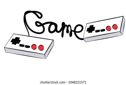 Old white retro vintage antique hipster joystick for video game console and inscription game from the 80's, 90's on a white  background. Vector illustration
