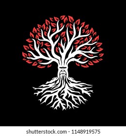 old white tree with red leaves. fantasy tree