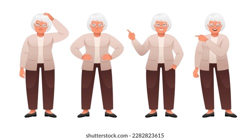An old white woman stands dissatisfied, hands at her sides, thinks about something, points to something. An elderly woman with gray hair in glasses stands in different poses. Grandmother