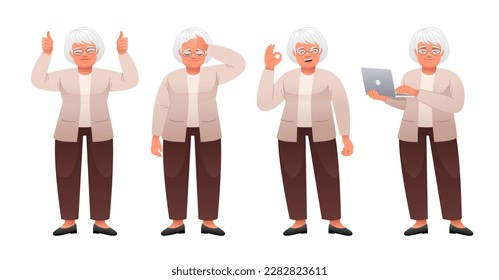 An old white woman stands with a laptop in her hands, in sadness, shows an OK sign, a gesture of approval. An elderly woman with gray hair in glasses stands in different poses. Grandmother