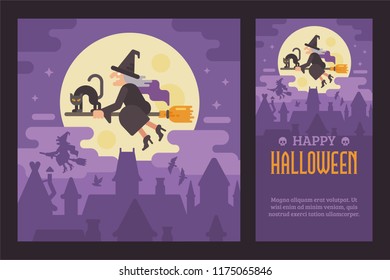 Old wicked witch flying on a broom over the night city with her black cat. Halloween flat illustration and flyer