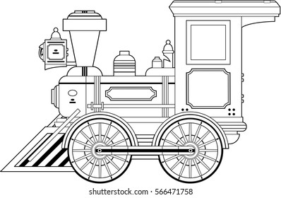 Old Wild West Cartoon Train - Outlined Coloring In Illustration
