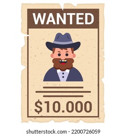 old wild west poster. looking for a criminal. old cowboy in a hat. flat vector illustration.