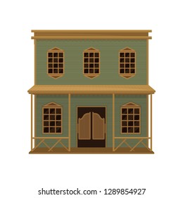 Old wild west saloon with wood swinging doors and porch. Two-storey wooden western house. Flat vector icon