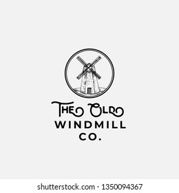 The Old Wind Mill Company Abstract Vector Sign, Symbol or Logo Template. Sketch Windmill Drawing in a Circle and Retro Typography. Vintage Luxury Emblem. Isolated.