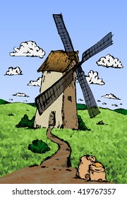 Old wind mill sketch. Hand drawn vector stock illustration
