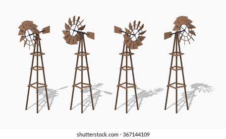 Old wind turbine. 3D lowpoly isometric vector illustration. The set of objects isolated against the white background and shown from different sides