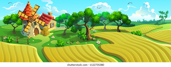 Old windmill among sown fields. Vector panorama landscape with a mill.